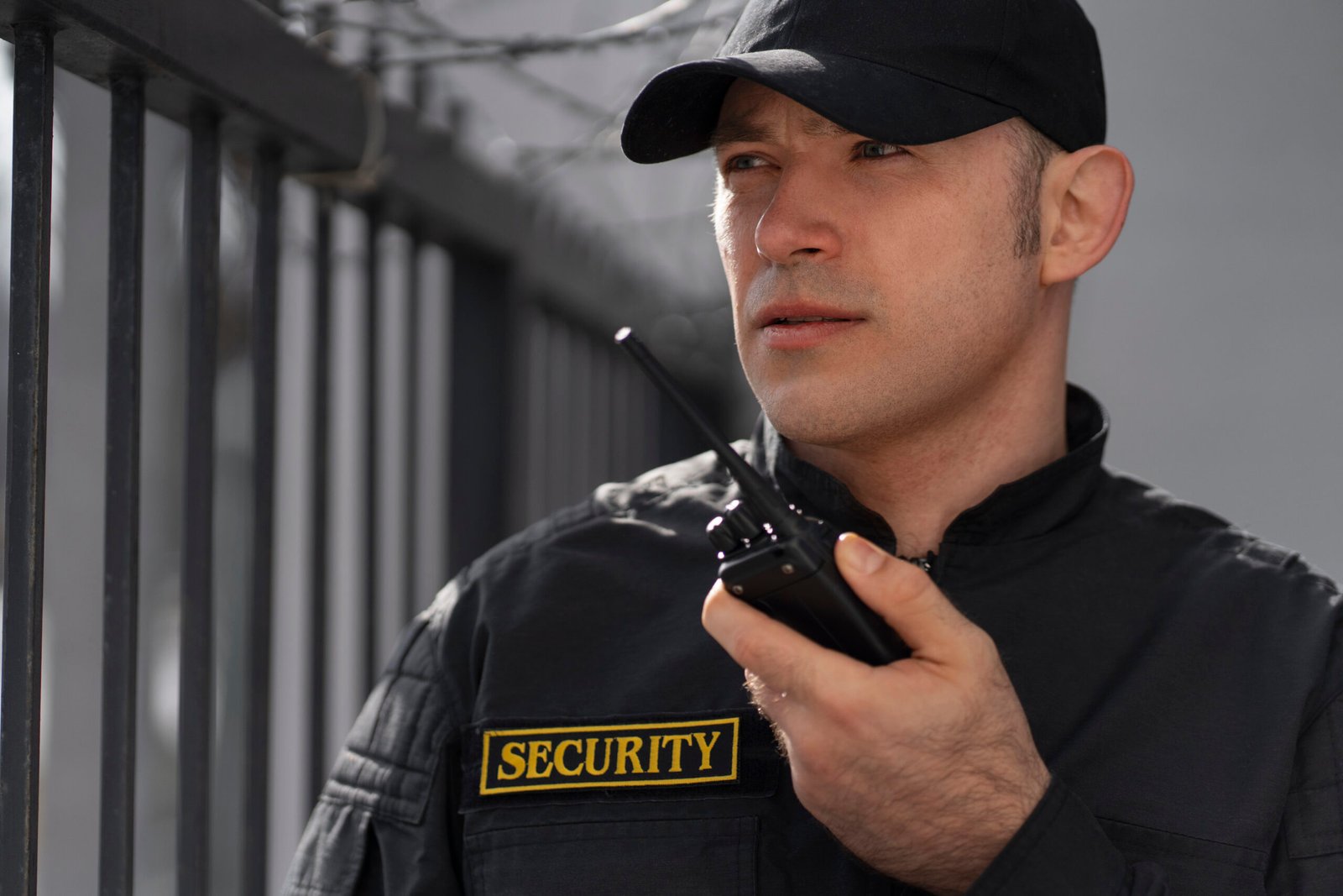 portrait male security guard with radio station